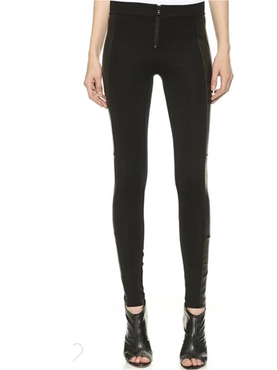 Women's Alice + Olivia Front Zip Black Leggings Leather Side Panels Size 10